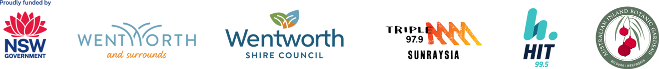 Wentworth Winedown Proudly Funded by NSW Government. Wentworth and Surrounds, Wentworth Shire Council, Triple M 97.9 Sunraysia, Hit 99.5, Australian Inland Botanic Gardens